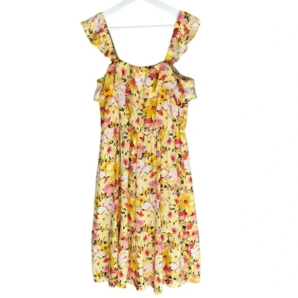 LAUREN CONRAD Midi Dress Ruffles Sleeveless Floral Yellow Pink Green Women L - Picture 2 of 11